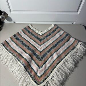 Vintage Kids Boho Fringed Knit Poncho with Multicolor Pattern‎